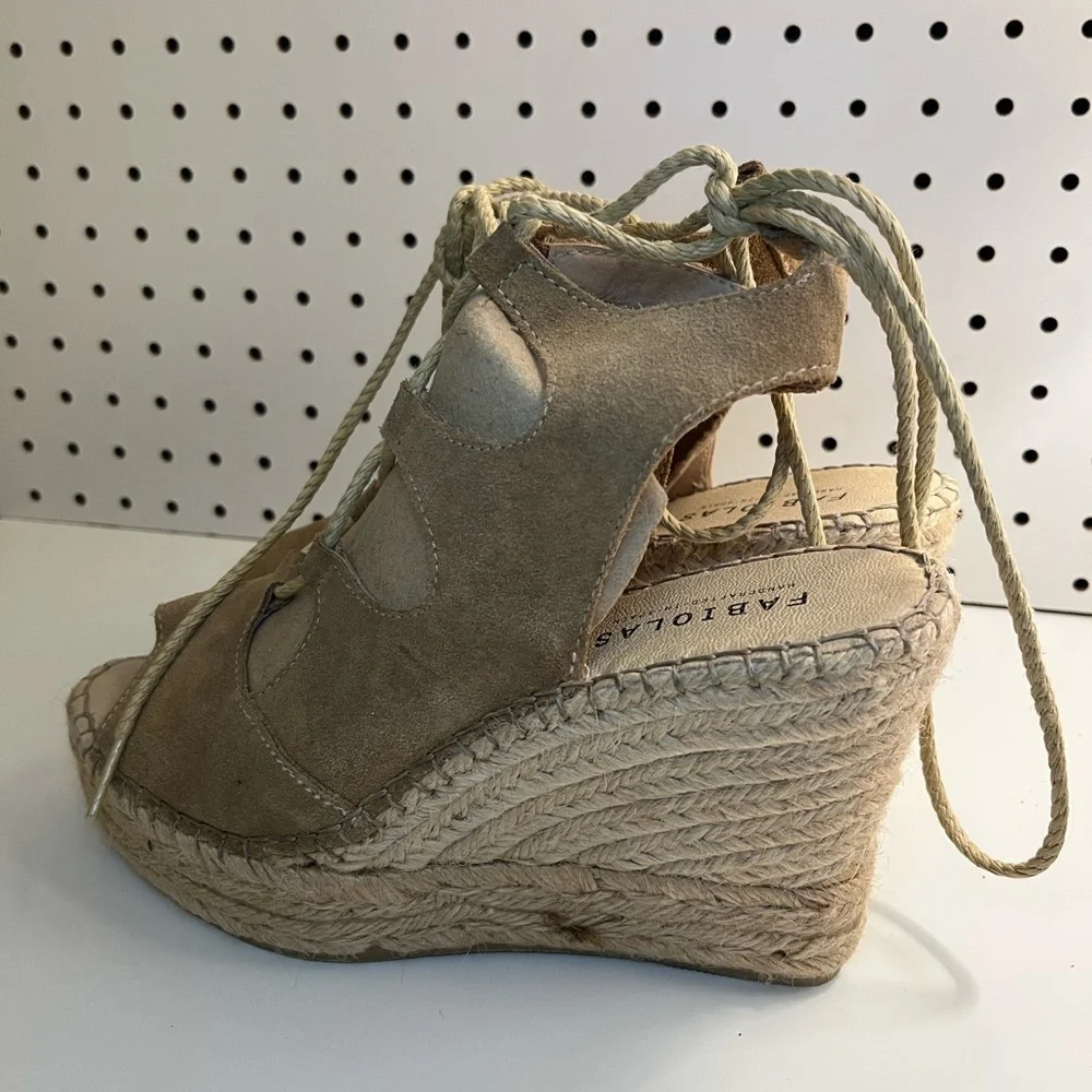 Fabiolas Tan Lace Up Cut Out Wedge Leather Espadrille Sandals